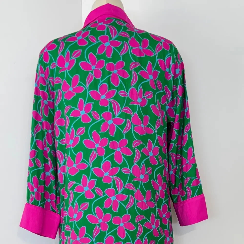 Kate Spade Floral Vines Sleep Shirt Pajama Lounge Dress Robe Kaftan Green/Pink M